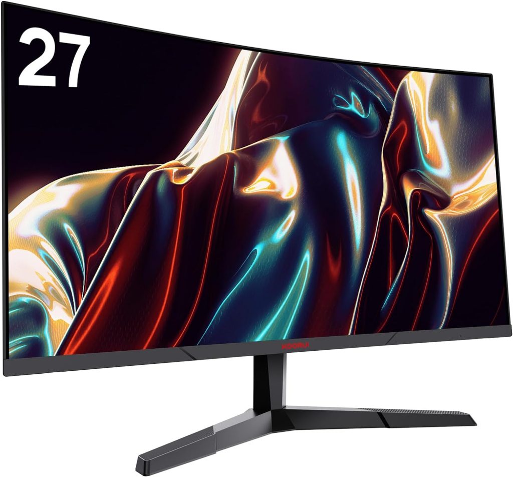 KOORUI 27 Inch Computer Monitor, QHD 2560P Gaming Monitor 144Hz(1ms, 1800R Curved VA Panel, DP1.2+HDMI*2, AdaptiveSync, Narrow Bezel with Ultra-Thin), Tilt Adjustable,Eye Care