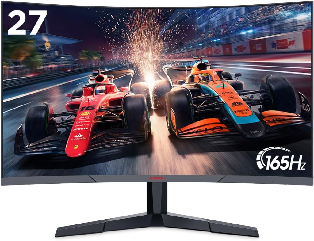 KOORUI 27 Inch Computer Monitor, QHD 2560P Gaming Monitor 144Hz(1ms, 1800R Curved VA Panel, DP1.2+HDMI*2, AdaptiveSync, Narrow Bezel with Ultra-Thin), Tilt Adjustable,Eye Care